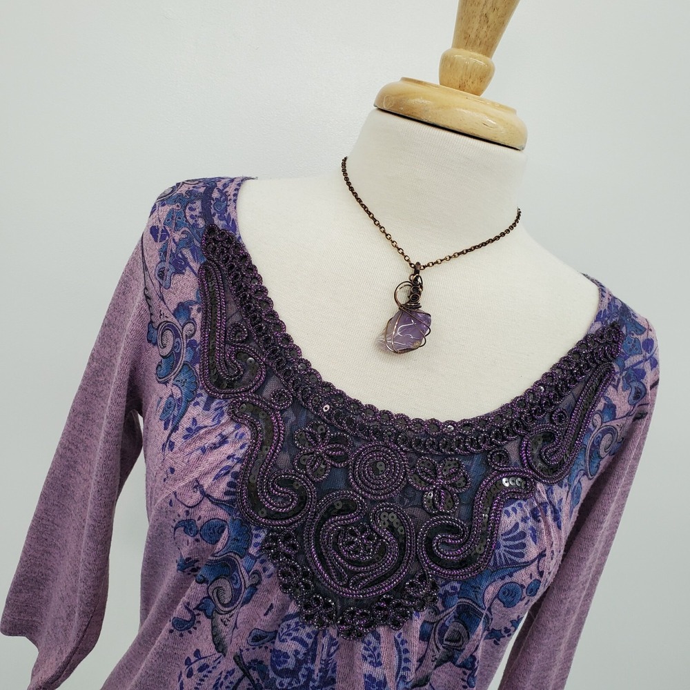 Live and Let Live Womens S Purple Paisley Embellished 3/4 Sleeve Boho Top - Picture 5 of 14